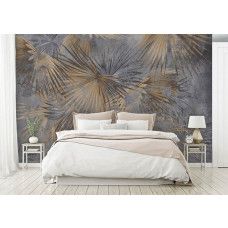 Een fotobehang van urban jungle met planten en bladeren op beton in een slaapkamer.