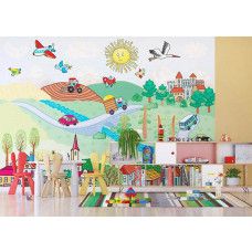 Een fotobehang van 'Vendula' met een speelse stadsscene voor een kinderkamer.