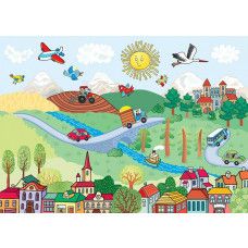 Een fotobehang van 'Vendula' met een speelse stadsscene.