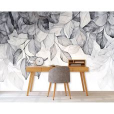 Fotobehang met artistieke monochrome bladeren in een stijlvol kantoor.