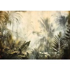 Fotobehang met een dichtbegroeide jungle vol tropische planten, waardoor een verborgen pad loopt.