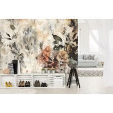 Fotobehang met romantische bloemen in vintagestijl aan de muur van een sfeervolle woonkamer.