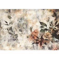 Fotobehang met vintage bloemen in zachte kleuren op een verweerde, textuurrijke achtergrond.