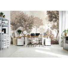 Fotobehang van een bos met 2 vogels in vintage kleuren in een stijlvol kantoor.