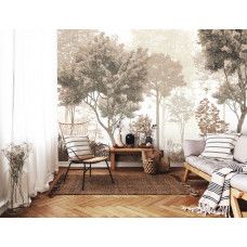 Fotobehang van een bos met 2 vogels in vintage kleuren op vliesbehang in een woonkamer.