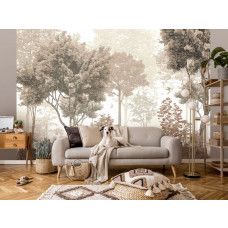 Fotobehang van een bos met 2 vogels in vintage kleuren in de woonkamer.