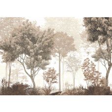 Fotobehang van een bos met 2 vogels in vintage kleuren.