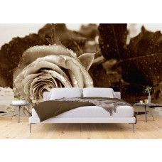 Een fotobehang van een vintage roos in sepia tinten in een slaapkamer.