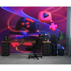 Fotobehang met een gamecontroller en VR-bril in neonkleuren, toegepast in een moderne gamekamer met een digitale sfeer.