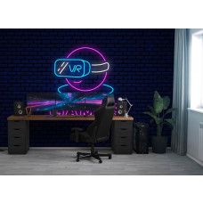 Fotobehang Virtual Reality Games Neon in een gamekamer met VR-headset in neonstijl en opvallende felroze letters tegen donkere achtergrond.