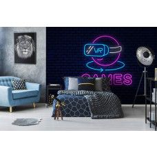 Fotobehang Virtual Reality Games Neon in een tienerkamer met futuristisch neon VR-design en levendige kleuren op donkere baksteenachtergrond.