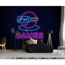 Fotobehang Virtual Reality Games Neon in een tienerkamer met VR-headset in neonstijl en moderne gaming uitstraling.