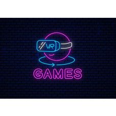 Fotobehang Virtual Reality Games Neon met futuristische VR-headset en felgekleurde neonletters op donkere baksteenachtergrond.