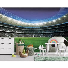 Een fotobehang met een voetbal op een grasveld in een groot stadion, perfect voor een kinderkamer.