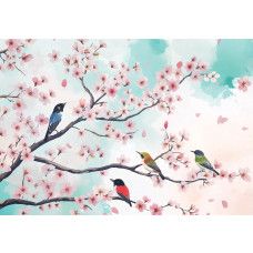 Fotobehang vogels op bloesemtakken met kleurrijke illustraties van vogels op roze bloesemtakken tegen een pastel achtergrond.