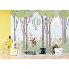 Een vrolijk fotobehang van bosdieren en luchtballonnen in de kinderkamer, creëert een speelse en dromerige sfeer voor kinderen.