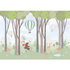 Fotobehang met vrolijke bosdieren en luchtballonnen in een speelse setting, perfect voor een vriendelijke en avontuurlijke uitstraling.