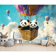 Fotobehang met panda’s en ballonnen in een kleurrijke kinderkamer.