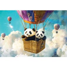 Fotobehang met vrolijke panda’s in een luchtballon tussen de wolken.