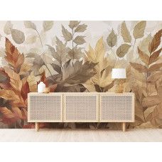 Fotobehang met sfeervolle herfstbladeren in een gezellige woonkamer.