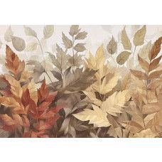 Fotobehang met warme herfstbladeren in zachte rood-, bruin- en goudtinten.