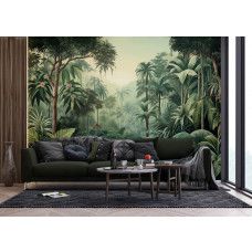 Een fotobehang met een watercolor jungle in de huiskamer, waarin groene aquarelbladeren en tropische accenten een natuurlijke en harmonieuze sfeer brengen.