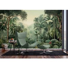 Een fotobehang met een watercolor jungle in een moderne woonkamer, waarbij de lichte en luchtige aquareltechniek een frisse en exotische uitstraling toevoegt.