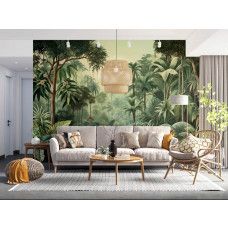 Een fotobehang met een watercolor jungle in de woonkamer, waar de subtiele kleurovergangen en weelderige jungle-elementen een speelse en rustgevende sfeer creëren.