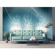 Een fotobehang met een kunstzinnige weergave van waterlelies in een woonkamer.