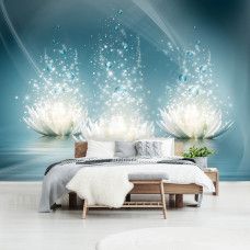 Een fotobehang met abstracte waterlelies, perfect voor een serene slaapkamer.