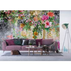 Een fotobehang van waterverf bloemenpracht in abstracte aquarel in een woonkamer.