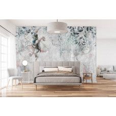 Een fotobehang van weelderige bloemen en planten op een betonstructuur in een slaapkamer.