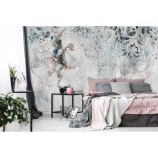 Een fotobehang van weelderige bloemen en planten op een betonstructuur in een slaapkamer met vliesbehang.