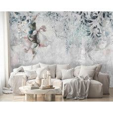 Een fotobehang van weelderige bloemen en planten op een betonstructuur in een woonkamer.