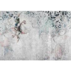 Een fotobehang van weelderige bloemen en planten op een betonstructuur.