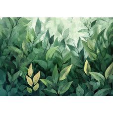 Fotobehang met weelderige groene bladeren geschilderd in aquarelstijl op een lichte achtergrond.