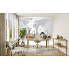 Fotobehang wereldkaart met iconische architectuur in een kantoor, met wereldse bezienswaardigheden zoals Eiffeltoren, Colosseum en Big Ben als wanddecoratie.