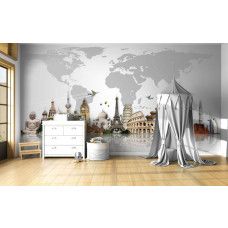Fotobehang wereldkaart met iconische architectuur in een kinderkamer, kleurrijk design met wereldse bouwwerken zoals Pyramides van Gizeh en Eiffeltoren.
