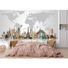Een slaapkamer met een fotobehang van een wereldkaart met iconische architectuur.