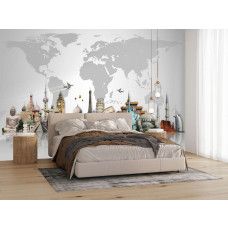 Fotobehang wereldkaart met iconische architectuur in een slaapkamer, sfeervol design met Eiffeltoren, Colosseum, Big Ben en Vrijheidsbeeld voor een unieke uitstraling.
