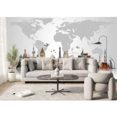 Fotobehang wereldkaart met iconische architectuur toont Eiffeltoren, Colosseum, Big Ben, Pyramides van Gizeh en Vrijheidsbeeld in levendige kleuren. Fotobehang wereldkaart met iconische architectuur in een kantoor, met wereldse bezienswaardig