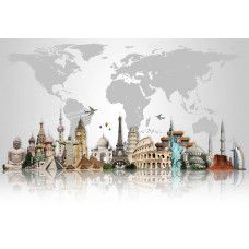 Fotobehang wereldkaart met iconische gebouwen zoals de Eiffeltoren, Big Ben, Colosseum, Pyramides en Vrijheidsbeeld.