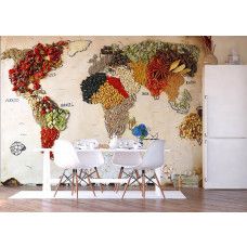 Fotobehang van een wereldkaart met allemaal specerijen in een keuken.