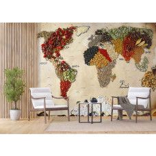 Fotobehang van een wereldkaart met allemaal specerijen in een bedrijfsruimte.