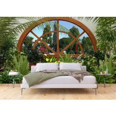 Een fotobehang van een wintertuin met planten en bloemen voor de slaapkamer.