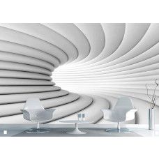 Een fotobehang van een witte 3D-tunnel, dat een optisch effect en een gevoel van ruimte geeft in een woonkamer.