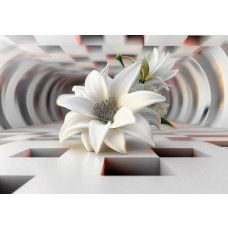 Fotobehang met witte bloemen die uitkomen in een 3D tunnel met dieptewerking en lichtgrijze accenten.