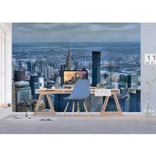 Een fotobehang van wolkenkrabbers in de skyline van New York in een kantoor.