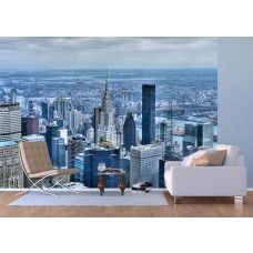 Een fotobehang van wolkenkrabbers in de skyline van New York in een woonkamer.