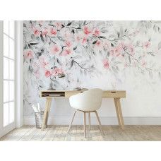 Fotobehang met verfijnde bloesemtakken in aquarelstijl in een stijlvol kantoor.